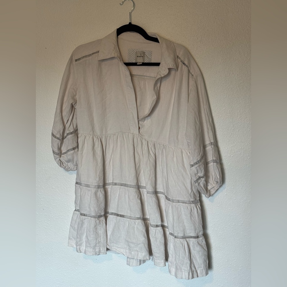 Anthropologie Maeve  Bettina Linen Blend Tiered Shirt Dress White SP